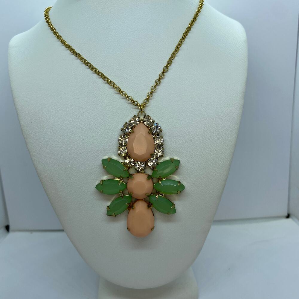 Gold-Tone Pink Green Gemstone Rhinestone Necklace